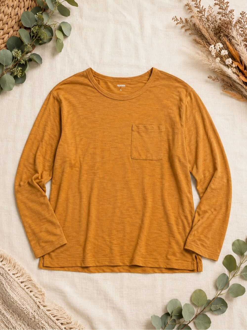 Sonoma Goods For Life Women’s Large Mustard Long Sleeve Pocket Tee Fall Top